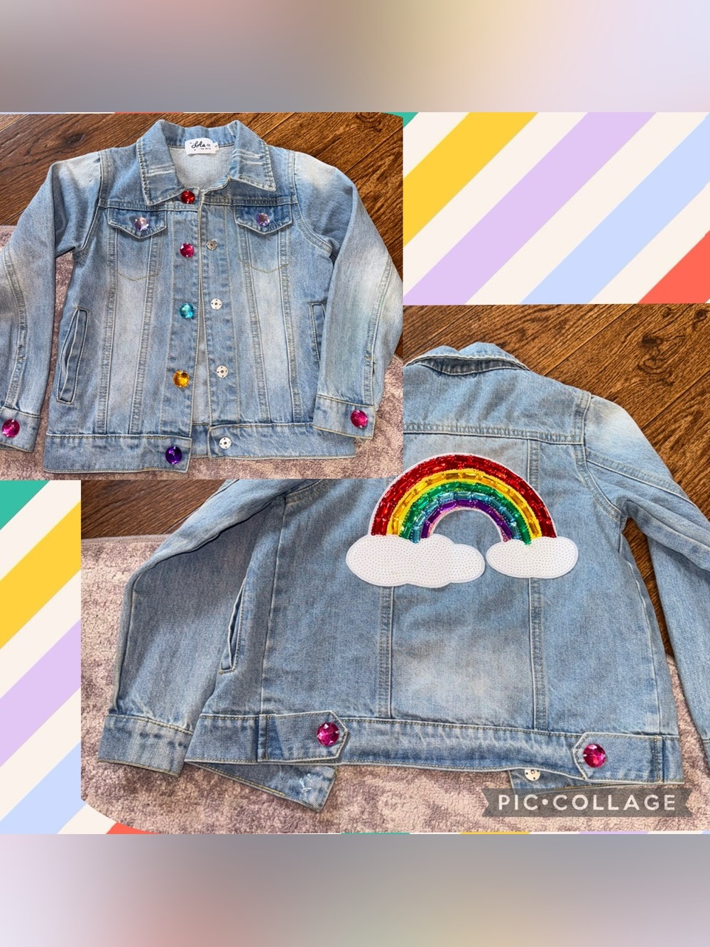 Lola + The Boys Girl’s 6 Rainbow Jean Jacket Coat